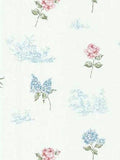 Brewster White, Blue, Green, Pink Rose, Hydrangea, Toile Wallpaper - FD45764
