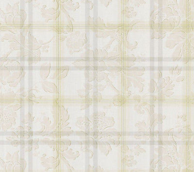 Chatham House Cream/Grey Plaid  Damask Scroll Wallpaper - 48305
