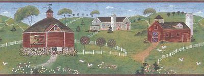 Brewster Country Barns with Chickens (Burgundy) Wallpaper Border - 7064-729B