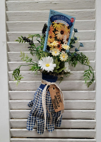 "Love Grows Here" American Daisy Flower Garden Glove Arrangement - Handmade