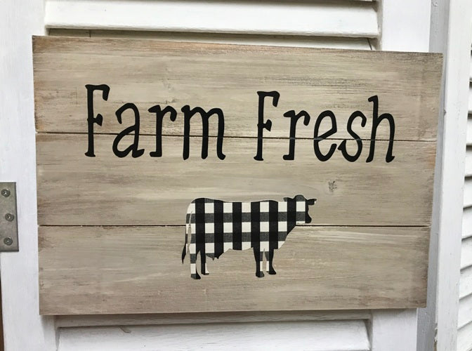 "Farm Fresh" with Plaid Cow Distressed Wooden Sign - 21317