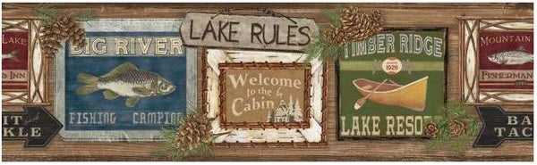 878473 Fishing Lodge Signs Wallpaper Border HTM48441b <br> CLEARANCE!!  QUANTITIES LIMITED!!