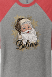 CHRISTMAS "BELIEVE SANTA" LEPARD HAT UNISEX TRIBLEND 3/4-SLEEVE RAGLAN TEE SHIRT