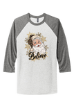 CHRISTMAS "BELIEVE SANTA" LEPARD HAT UNISEX TRIBLEND 3/4-SLEEVE RAGLAN TEE SHIRT