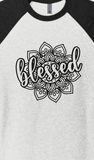 "BLESSED" MANDALA-UNISEX TRIBLEND 3/4 SLEEVE RAGLAN TEE SHIRT