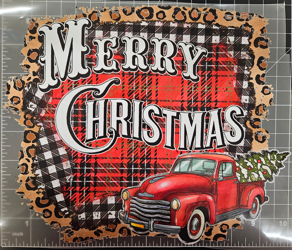 "MERRY CHRISTMAS" TRUCK LEOPARD RED AND BLACK BUFFALO PLAID, DTF TRANSFER SHEET