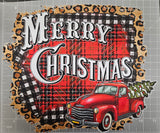 "MERRY CHRISTMAS" TRUCK LEOPARD RED AND BLACK BUFFALO PLAID, DTF TRANSFER SHEET