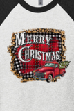 MERRY CHRISTMAS TRUCK LEOPARD RED AND BLACK BUFFALO PLAID UNISEX TRIBLEND 3/4-SLEEVE RAGLAN TEE SHIRT