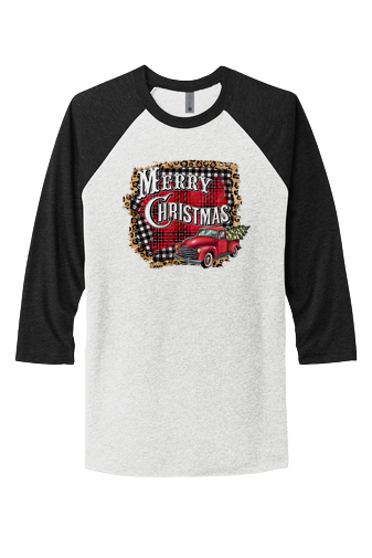 MERRY CHRISTMAS TRUCK LEOPARD RED AND BLACK BUFFALO PLAID UNISEX TRIBLEND 3/4-SLEEVE RAGLAN TEE SHIRT