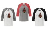 "MERRY & BRIGHT" TREE WITH RED PLAID AND LEOPARD PRINT UNISEX TRIBLEND 3/4-SLEEVE RAGLAN TEE SHIRT