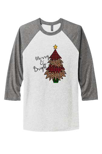 "MERRY & BRIGHT" TREE WITH RED PLAID AND LEOPARD PRINT UNISEX TRIBLEND 3/4-SLEEVE RAGLAN TEE SHIRT