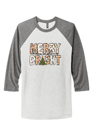 "MERRY AND BRIGHT" HOLIDAY WRAPPING PRINT UNISEX TRIBLEND 3/4-SLEEVE RAGLAN TEE SHIRT