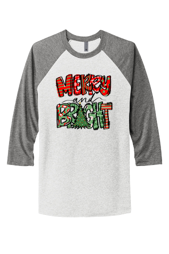 "MERRY AND BRIGHT" HOLIDAY WRAPPING PRINT UNISEX TRIBLEND 3/4-SLEEVE RAGLAN TEE SHIRT