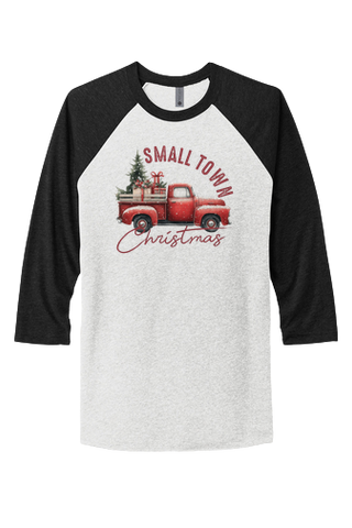 CHRISTMAS "SMALL TOWN CHRISTMAS" Red turck UNISEX TRIBLEND 3/4-SLEEVE RAGLAN TEE SHIRT