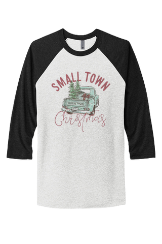 CHRISTMAS "SMALL TOWN CHRISTMAS" GREEN TRUCK UNISEX TRIBLEND 3/4-SLEEVE RAGLAN TEE SHIRT