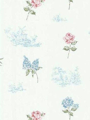 Brewster White, Blue, Green, Pink Rose, Hydrangea, Toile Wallpaper - FD45764
