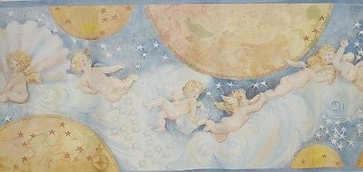 Fine Decor Cherubs, Moon, Stars (blue) Wallpaper Border - 95B02552/B.2552