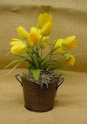 Small Yellow Flowers in a dark brown Metal Container - 00