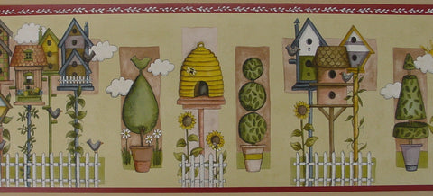Brewster Birdhouses and Topiaries Multi Colored Wallpaper Border - 238B53242