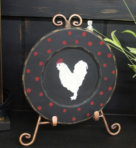 "Rooster" Small Black Wooden  with red dots Display Plate  - 28136