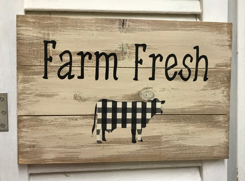 "Farm Fresh" with Plaid Cow Distressed Wooden Sign - 21317