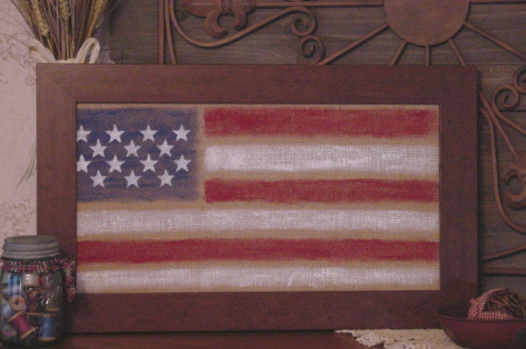 Americana Flag on Burlap w/brown Wood Look Frame - 10416