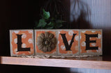"Love" Brown Distressed Wooden Blocks with Orange Polka Dot Brown Lettering  - Lve1