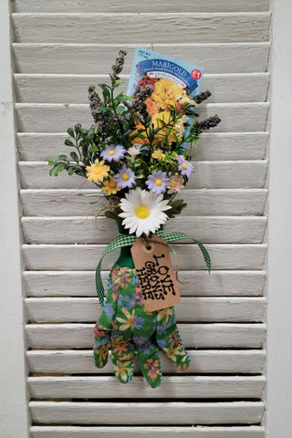 "Love Grows Here" Marigold Flower Garden Glove Arrangement - Handmade