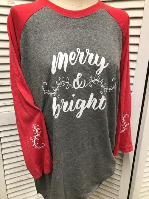Christmas Merry & Bright Red/Heather 3/4 Sleeve Raglan Shirt