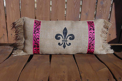 Fleur De Lei (black) with Pink and Black Ribbon Brown Burlap Pillow