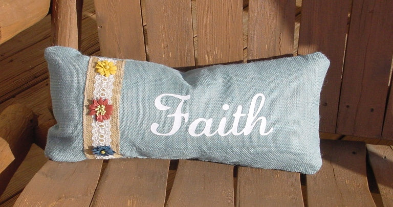 "Faith" Rectangle Blue Burlap Pillow w/burlap Ribbon and Flowers - 11817