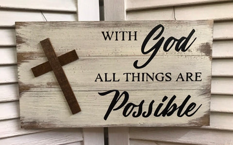 "With God" White Distressed Wooden Sign with Wooden Cross - 92117